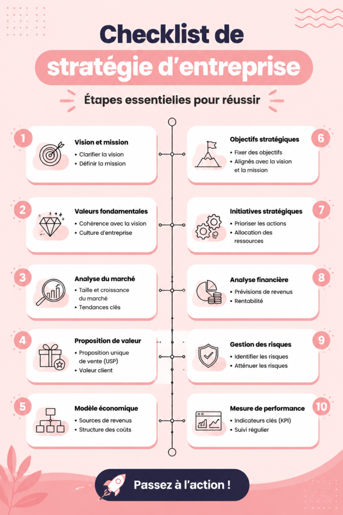 Une femme d'affaires consulte une checklist pour sa stratégie d'entreprise.