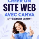 Femme souriante devant son ordinateur, en train de créer un site web sur Canva.