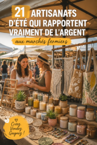 Femme vendant des créations artisanales au marché d'été, illustrant le travail d'artisanat et l'esprit entrepreneurial.