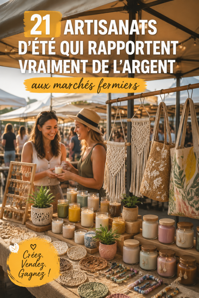 Femme vendant des créations artisanales au marché d'été, illustrant le travail d'artisanat et l'esprit entrepreneurial.