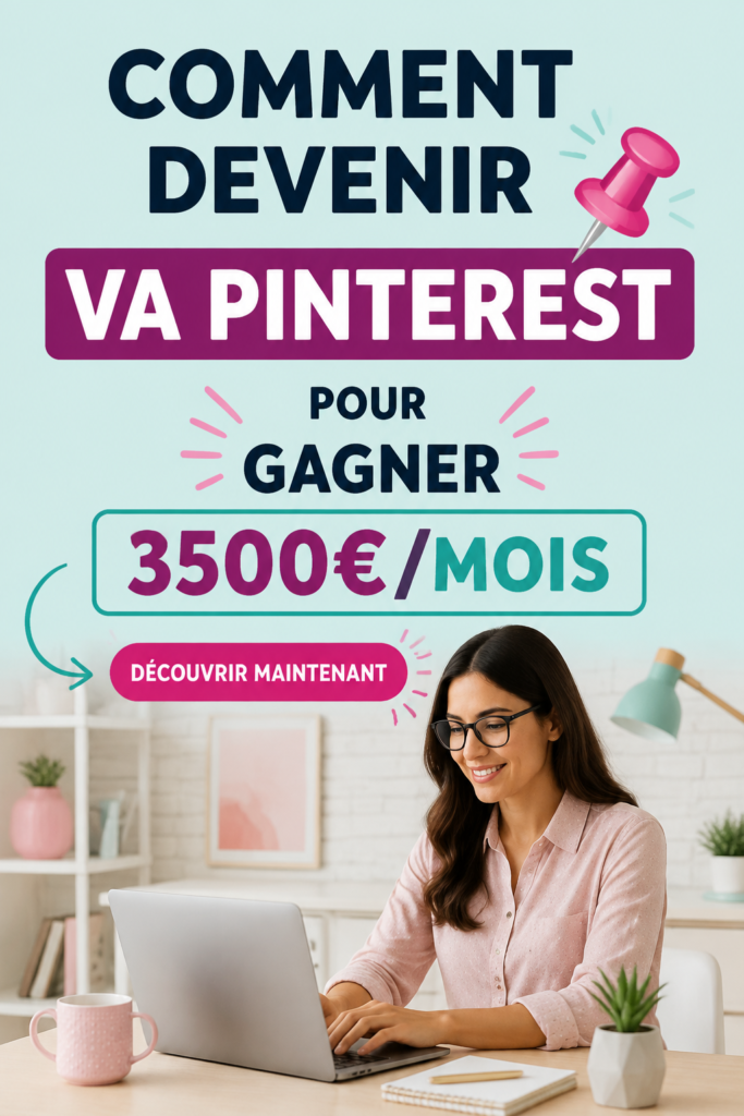 Femme travaillant sur un ordinateur avec Pinterest à l'écran, évoquant une carrière d'assistante virtuelle.