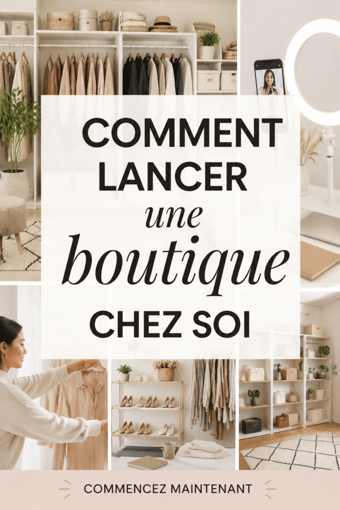 Femme souriante devant son bureau avec des produits pour sa boutique à domicile.