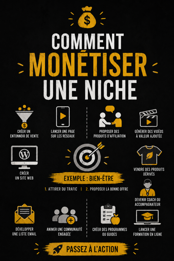 Femme souriante travaillant sur son ordinateur portable, concentrée sur la monétisation de sa niche en ligne.