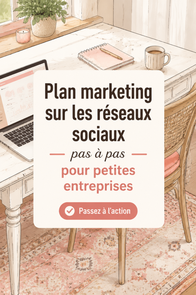 Femme d'affaires regardant un écran d'ordinateur avec des plans marketing sur les réseaux sociaux affichés.