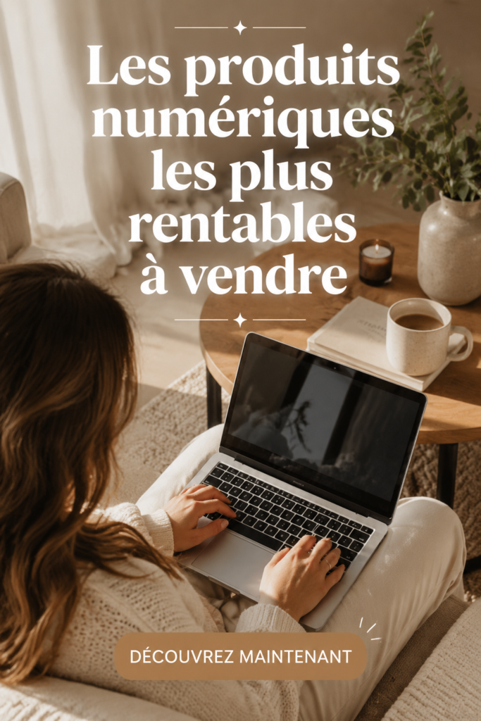 Une femme souriante tenant un ordinateur portable avec des graphiques de vente de produits numériques.