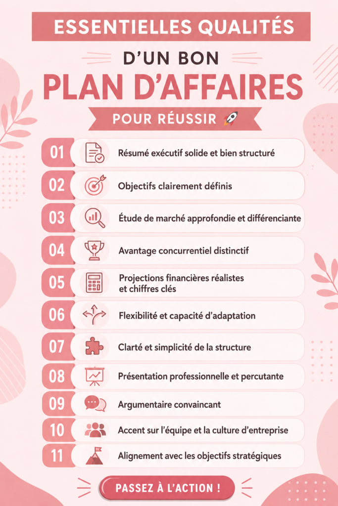Un graphique montrant les éléments d'un bon plan d'affaires, symbolisant la réussite et la stratégie.