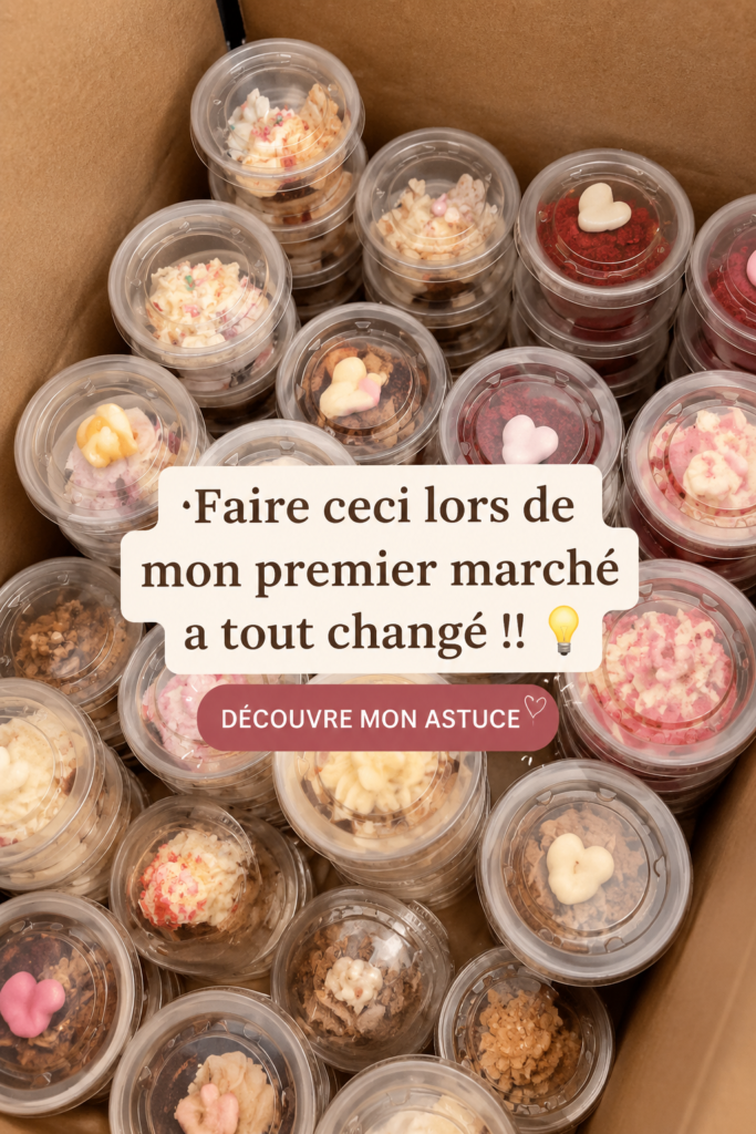 Femme souriante à son stand de marché, présentant des produits faits maison.