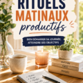 Femme travaillant sur sa routine matinale productive avec un café et un carnet