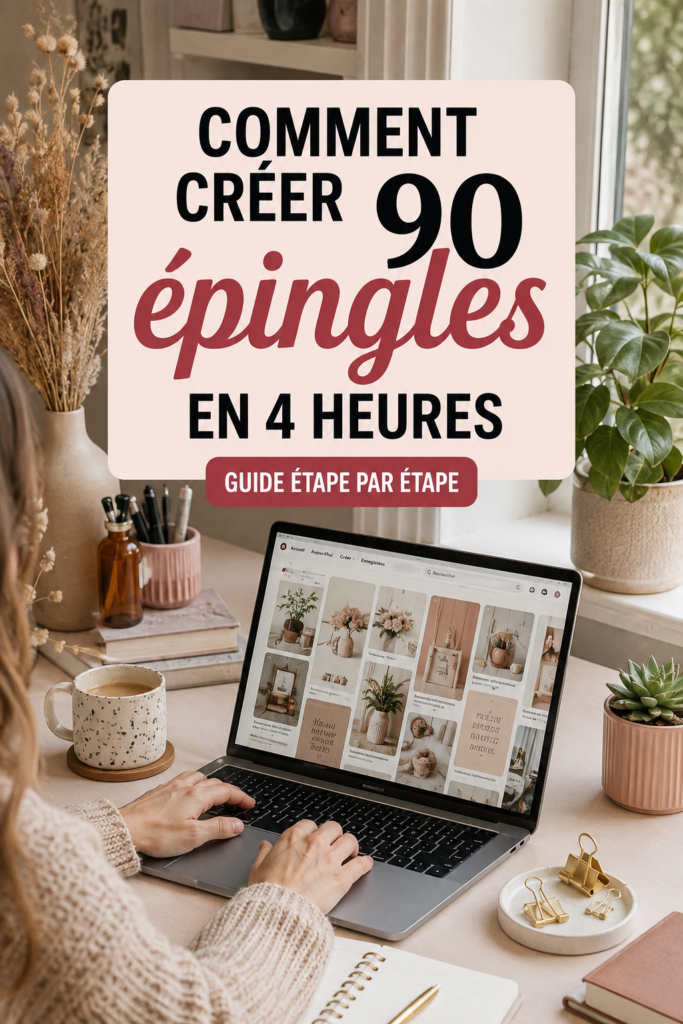 Un bureau avec un ordinateur affichant un tableau Pinterest organisé, symbole de productivité