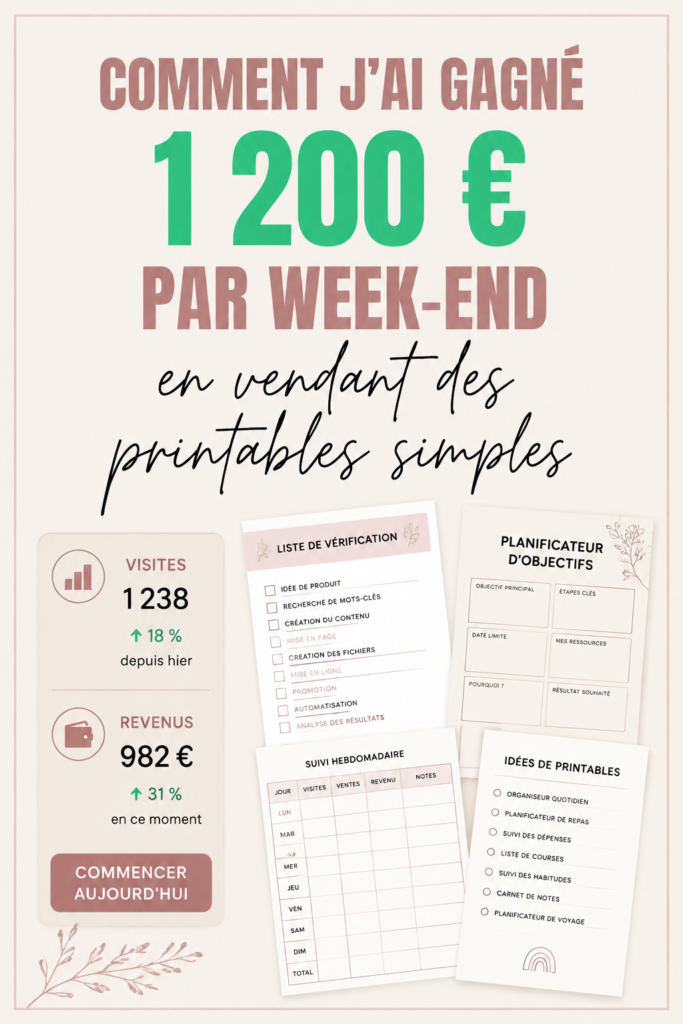 Femme souriante travaillant sur des imprimables à la maison, symbolisant le revenu en ligne.