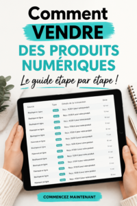 Femme souriante montrant son produit numérique en ligne.