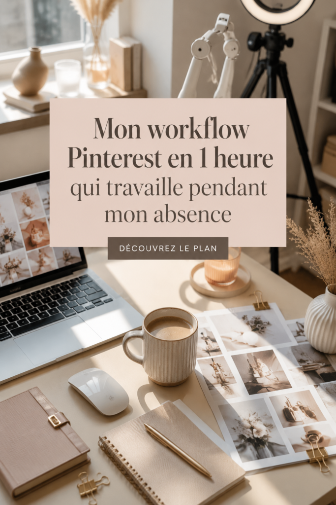 Femme travaillant sur son ordinateur avec Pinterest ouvert, illustrant un workflow productif.
