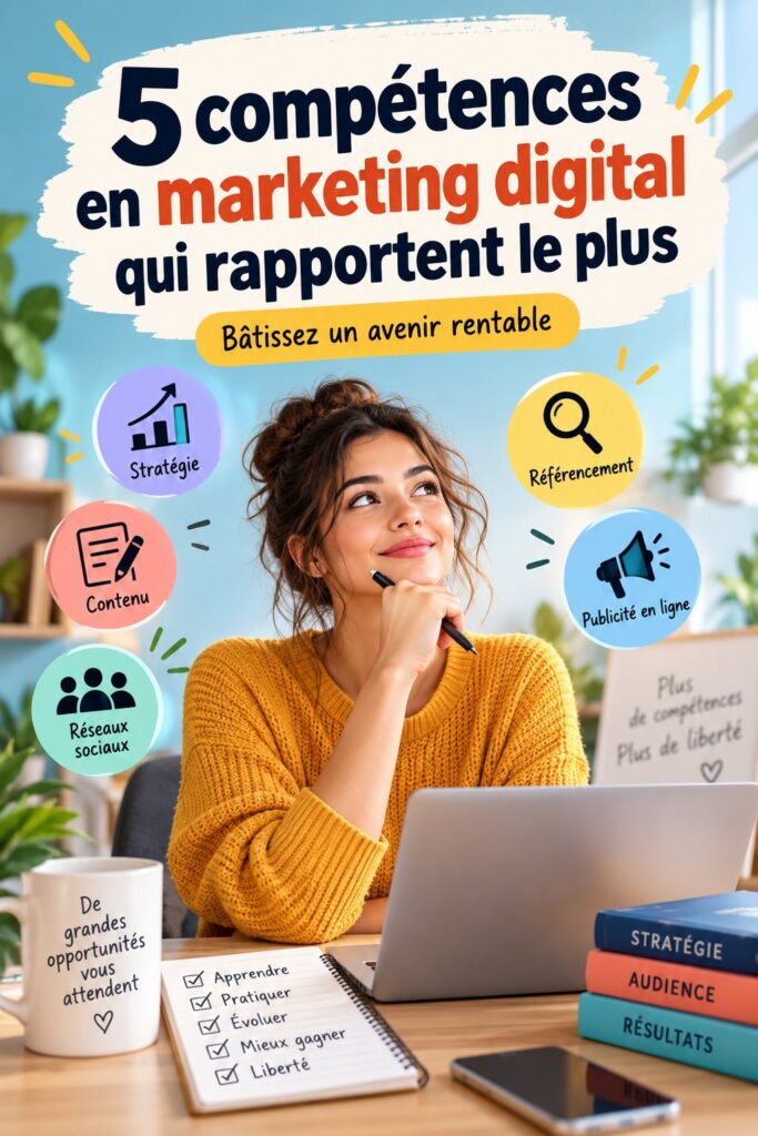 Une femme souriante travaillant sur son ordinateur, représentant les compétences digitales en marketing.