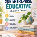 Femme entrepreneur réfléchissant à la création d'une activité éducative avec un carnet et un ordinateur portable