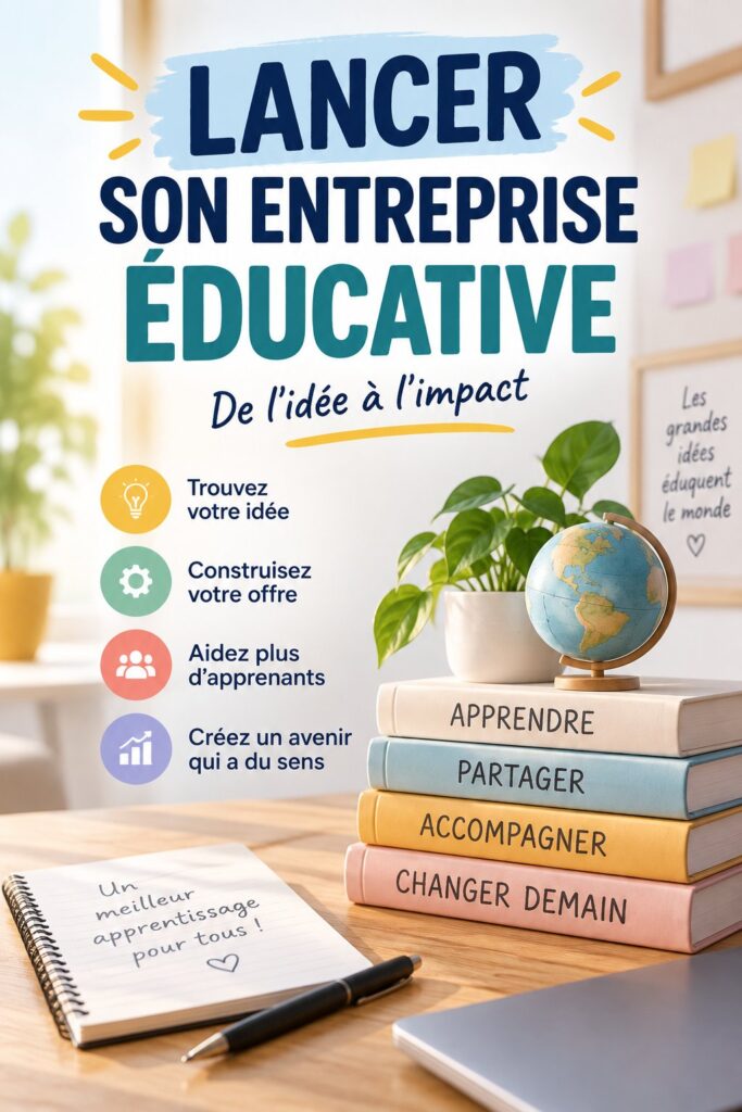 Femme entrepreneur réfléchissant à la création d'une activité éducative avec un carnet et un ordinateur portable