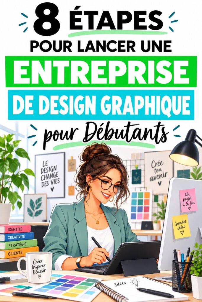 Une femme souriante travaillant sur un projet de design graphique à son bureau