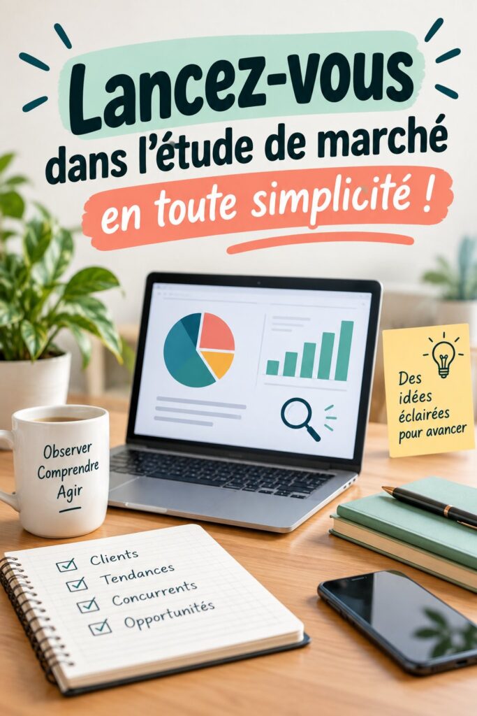 Femme réfléchissant à son étude de marché avec des notes et un ordinateur
