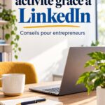 Une femme d'affaires consultent son profil LinkedIn sur un ordinateur portable, évoquant le développement professionnel.
