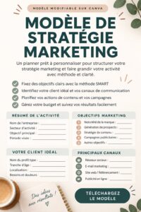 Modèle Canva personnalisable pour stratégie marketing avec des éléments visuels attrayants