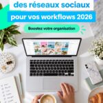 Femme utilisant un ordinateur portable pour gérer les réseaux sociaux avec des outils numériques.