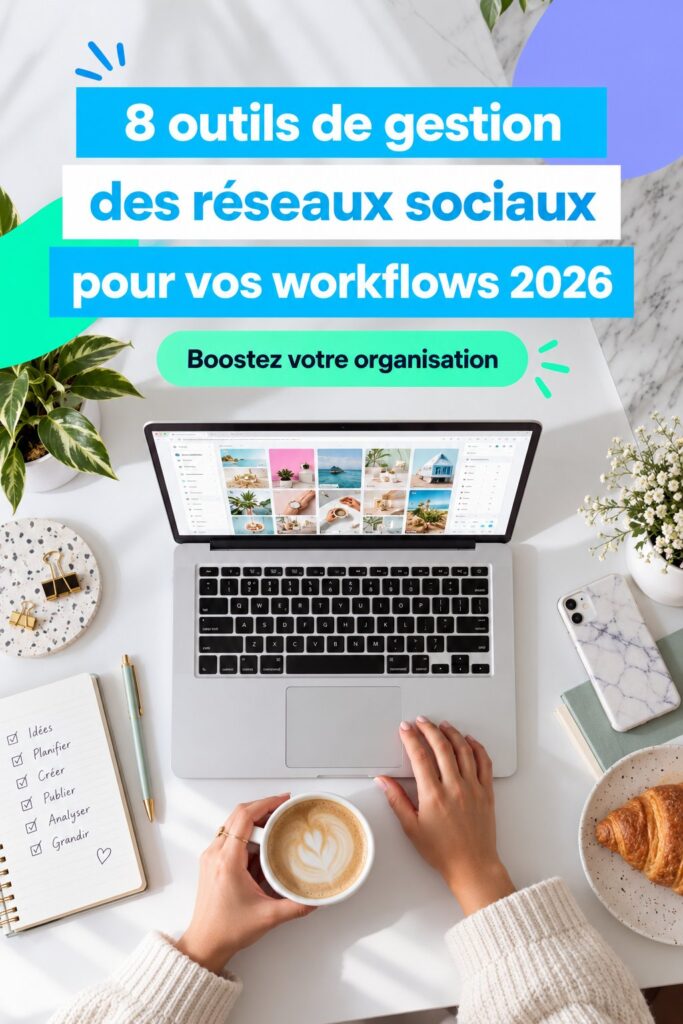 Femme utilisant un ordinateur portable pour gérer les réseaux sociaux avec des outils numériques.