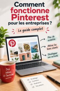 Femme entrepreneur utilisant Pinterest pour son business, vue sur un écran d'ordinateur avec Pinterest ouvert.