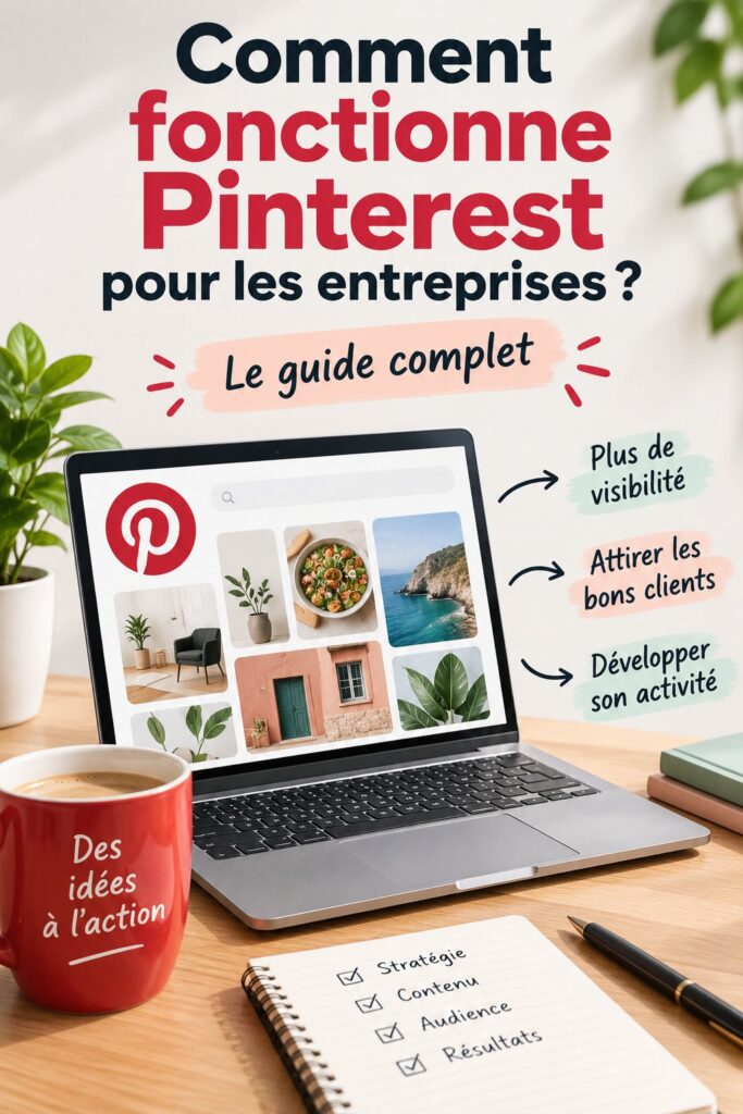 Femme entrepreneur utilisant Pinterest pour son business, vue sur un écran d'ordinateur avec Pinterest ouvert.