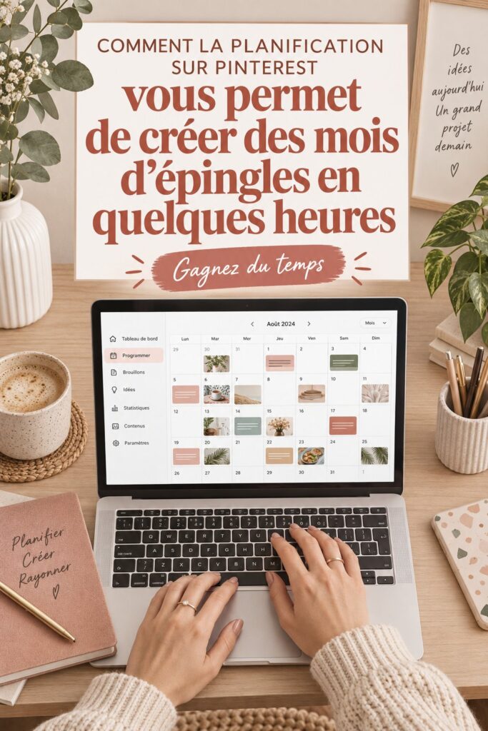 Une femme utilisant un ordinateur pour planifier ses épingles sur Pinterest.
