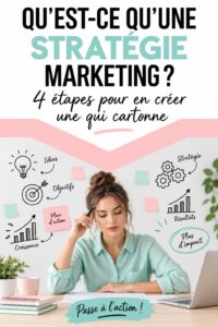 Une femme réfléchissant à sa stratégie marketing avec un carnet et un ordinateur