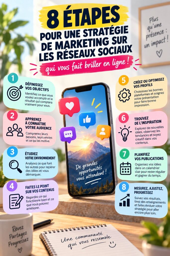 Femme d'affaires planifiant sa stratégie de marketing sur les réseaux sociaux devant un ordinateur.