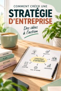 Femme réfléchissant à sa stratégie d'entreprise avec des notes et un ordinateur