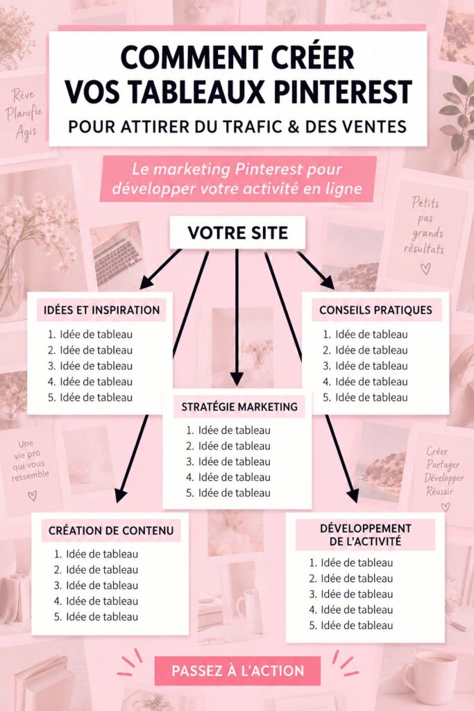 Tableau Pinterest attractif mettant en avant des produits et des conseils marketing.