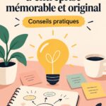 Femme enthousiaste en train de réfléchir à un nom d'entreprise créatif sur un carnet.
