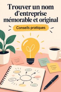 Femme enthousiaste en train de réfléchir à un nom d'entreprise créatif sur un carnet.