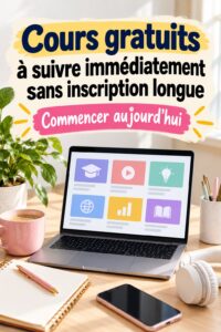 Une femme souriante suit un cours en ligne gratuit sur son ordinateur.