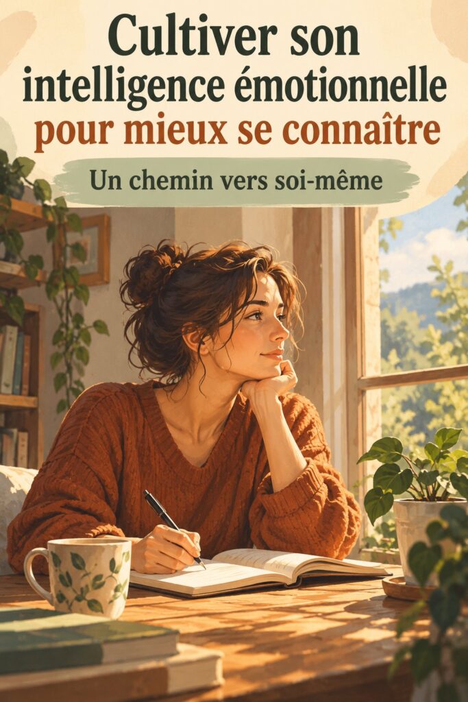 Illustration d'une femme en pleine réflexion sur son intelligence émotionnelle, entourée de symboles de relations humaines.