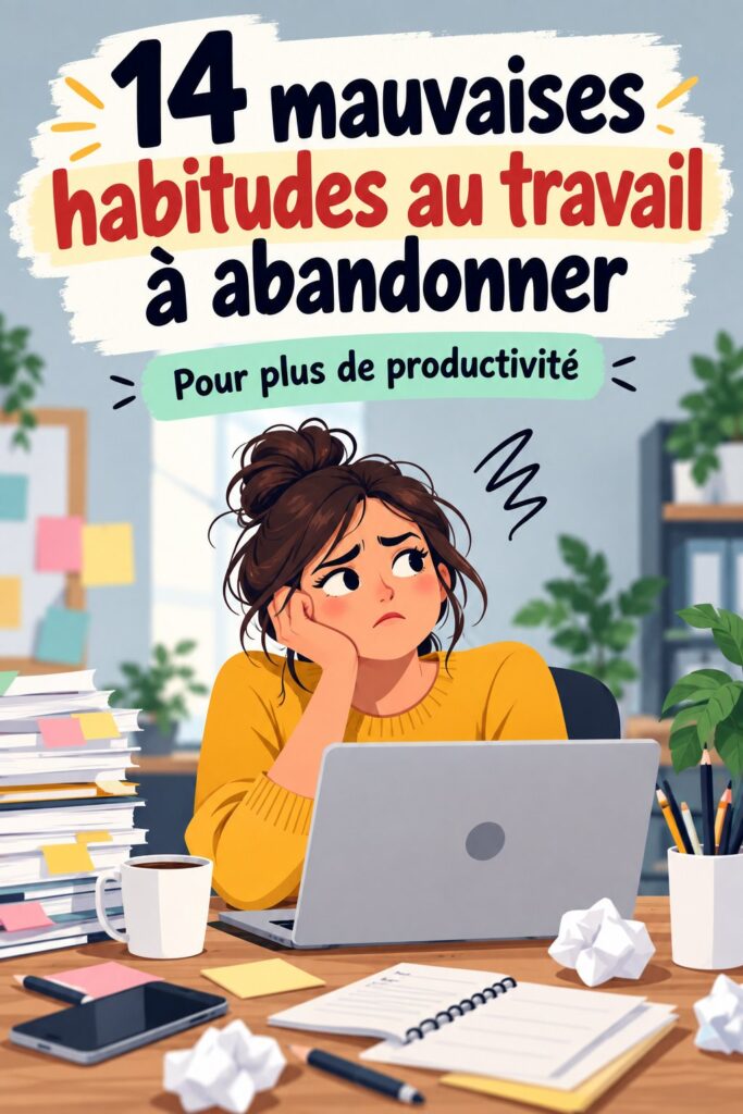 Illustration d'une femme en train de travailler de manière productive, évitant les mauvaises habitudes au bureau.