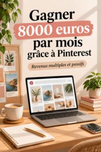 Femme souriante tenant une tasse de café en consultant Pinterest sur un ordinateur