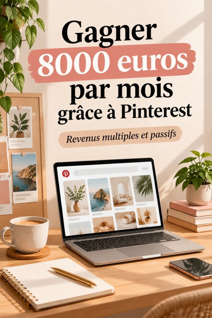 Femme souriante tenant une tasse de café en consultant Pinterest sur un ordinateur
